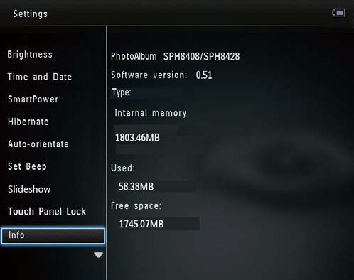 Vise informasjon for PhotoAlbum Du kan finne modellnavn, PhotoAlbums fastvareversjon og minnestatusen til PhotoAlbum og andre enheter som er tilgjengelige, på PhotoAlbum.