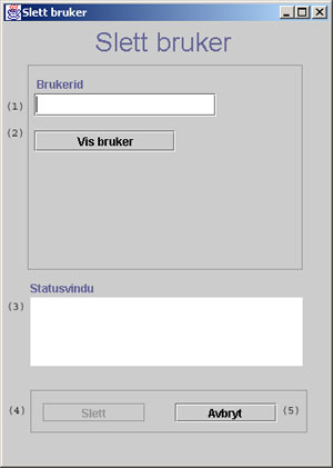 Endre bruker: Use case O2 Endre bruker (1) Felt som angir brukers ID (2) Henter bruker fra databasen. (3) (9) Felter som kan endres på. Samme felter som i lagre bruker.