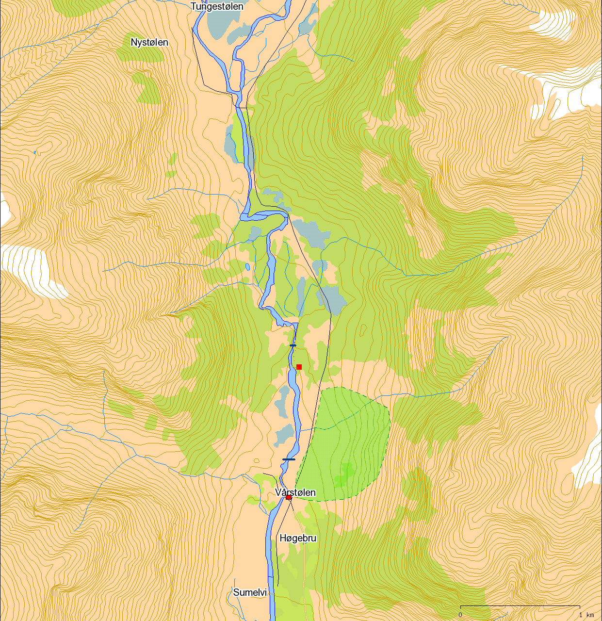Figur 3 Kart over berørt elvestrekke. Raud firkant = omtrentleg lokalisering av kraftstasjon. Linje over elva = omtrentleg lokalisering av inntak.