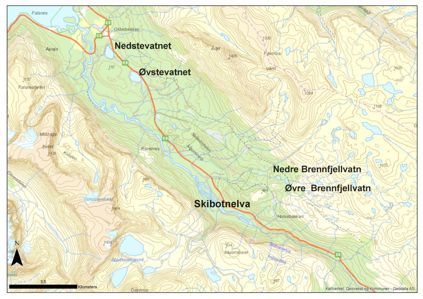 Avgrensing av behandlingsområdet i øvre del av hovedvassdragene og mot vannskillet Sverige/Finland Skibotnvassdraget Innsjøer langs Skibotnelva I 1995 ble det i tillegg til Skibotnelva og nærliggende