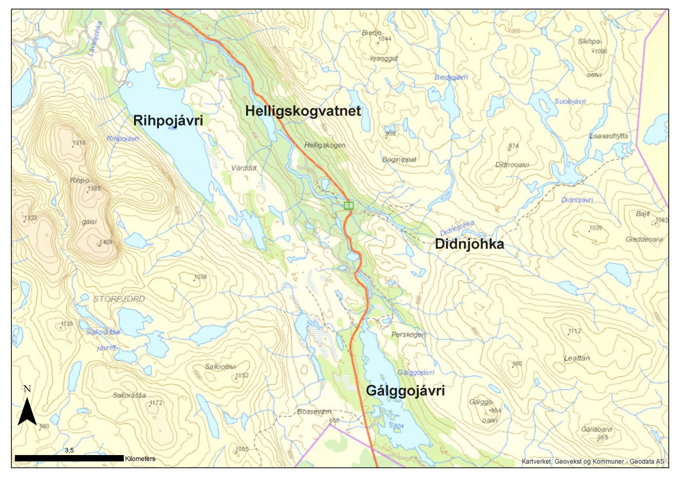 Figur 5: Øvre deler av Skibotnelva med vatn/innsjøer som utredes for smitte av G. salaris. Det er fokusert på Gálggojávri og Rihpojávri ved utredning av smittestatus i øvre deler av Skibotnvassdraget.