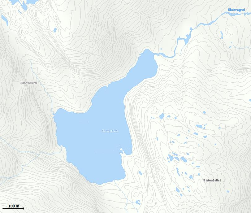 INNSJØEN Skarvavatnet (innsjø nr. 26493) ligger i Bergsdalsvassdraget (061.Z) øst i Vaksdal kommune, 765 moh. Innsjøen har et areal på 14 hektar, og en strandlinje på ca. 2200 m.