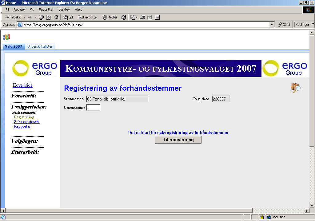 Du kommer nå inn på hovedsiden til kommunestyre og fylkestingsvalget for 2007. I midtfeltet er det en del hjelpefunksjoner og en brukerveiledning til dette valgsystemet.