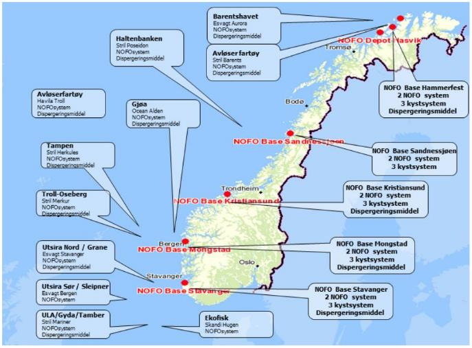 3.3 Oljevernressurser- utstyrsplassering og forutsetninger Figur 3-4 viser plasseringen av NOFO utstyr per november 2016 [4], og inkluderer endringer i posisjoner gjeldende fra Q3 2016.