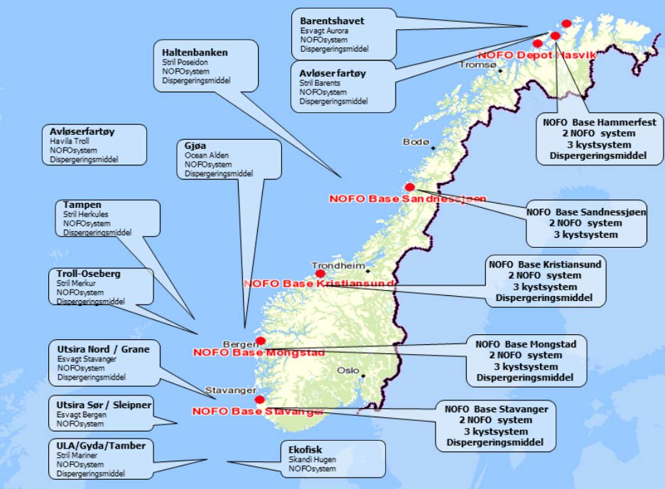 3.3 Oljevernressurser- utstyrsplassering og forutsetninger Figur 3-4 viser plasseringen av NOFO utstyr per november 2016 [4], og inkluderer endringer i posisjoner gjeldende fra Q3 2016.