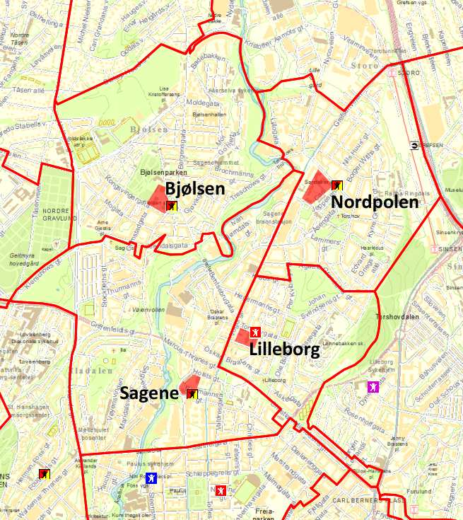 Nåværende inntaksområder til bydelens skoler vises i Figur 1 til venstre. Inntaksområdene følger ikke bydelsgrensene.