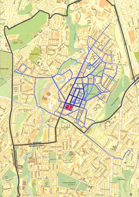 RESULTATER Skoleveier Figur 2 under viser kartleggingen av skolevei på de tre skolene. Veiene som har blitt registrert er merket i blått, og de mest brukte veiene i mørkeblått.