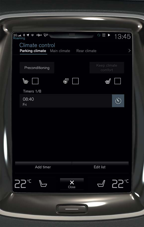 01 FORKONDISJONERING Forkondisjonering kan stilles inn via bilens midtdisplay og med mobilappen Volvo On Call*.