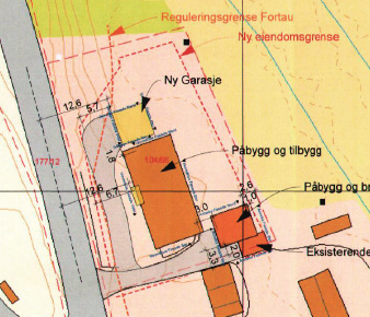 Sammendrag: Det er søkt om påbygg på en eksisterende bolig med flatt tak, påbygg og bruksendring til bolig for eksisterende garasje og nybygg garasje på eiendommen 104/66 på Kalvsjø.
