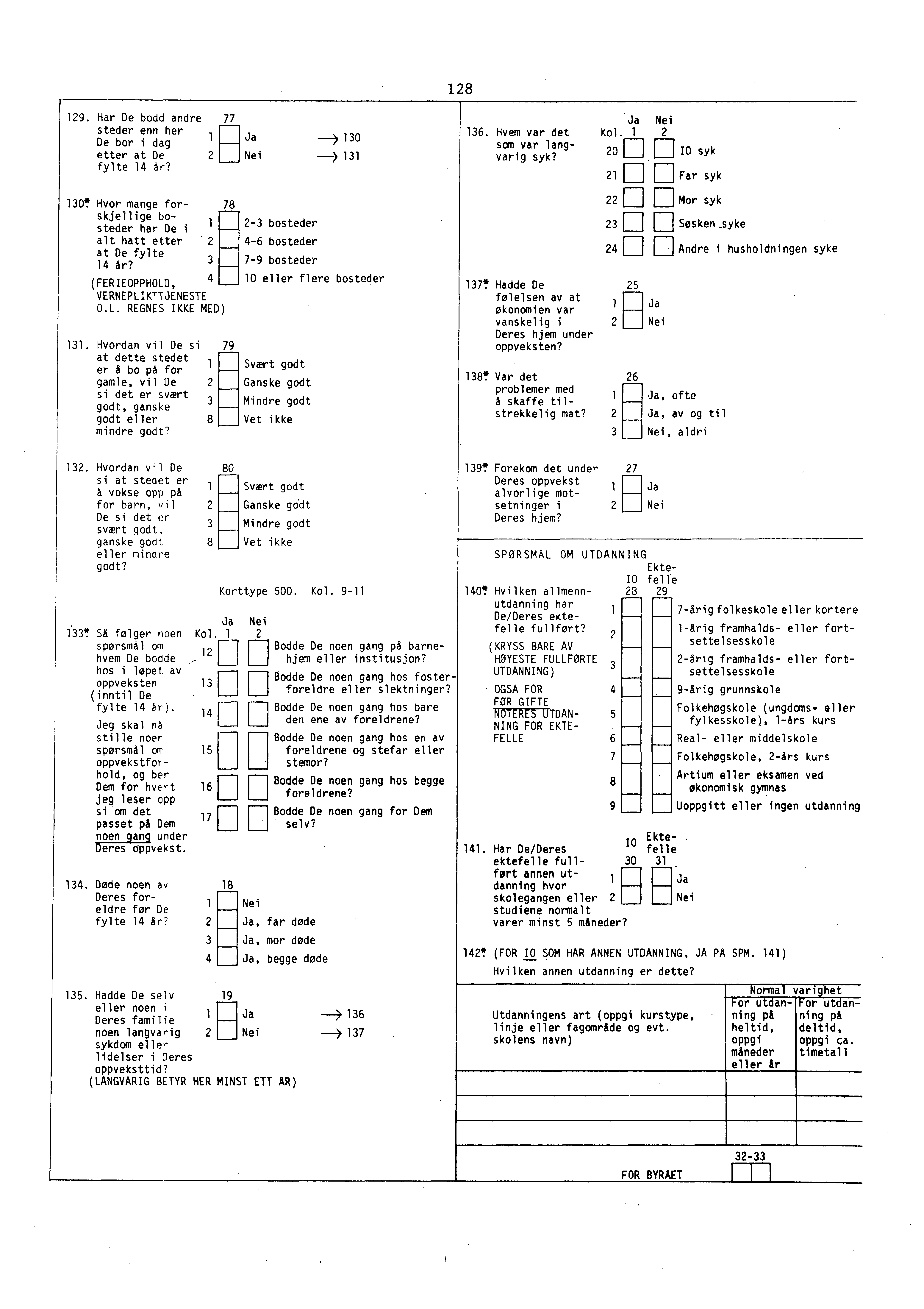 18 19. Har De bodd andre steder enn her De 1 bor i dag etter at De fylte 14 år? 77 Ja Nei ---> 10 ---) 11 16. Hvem var det som var langvarig syk? Ja Nei Kol.