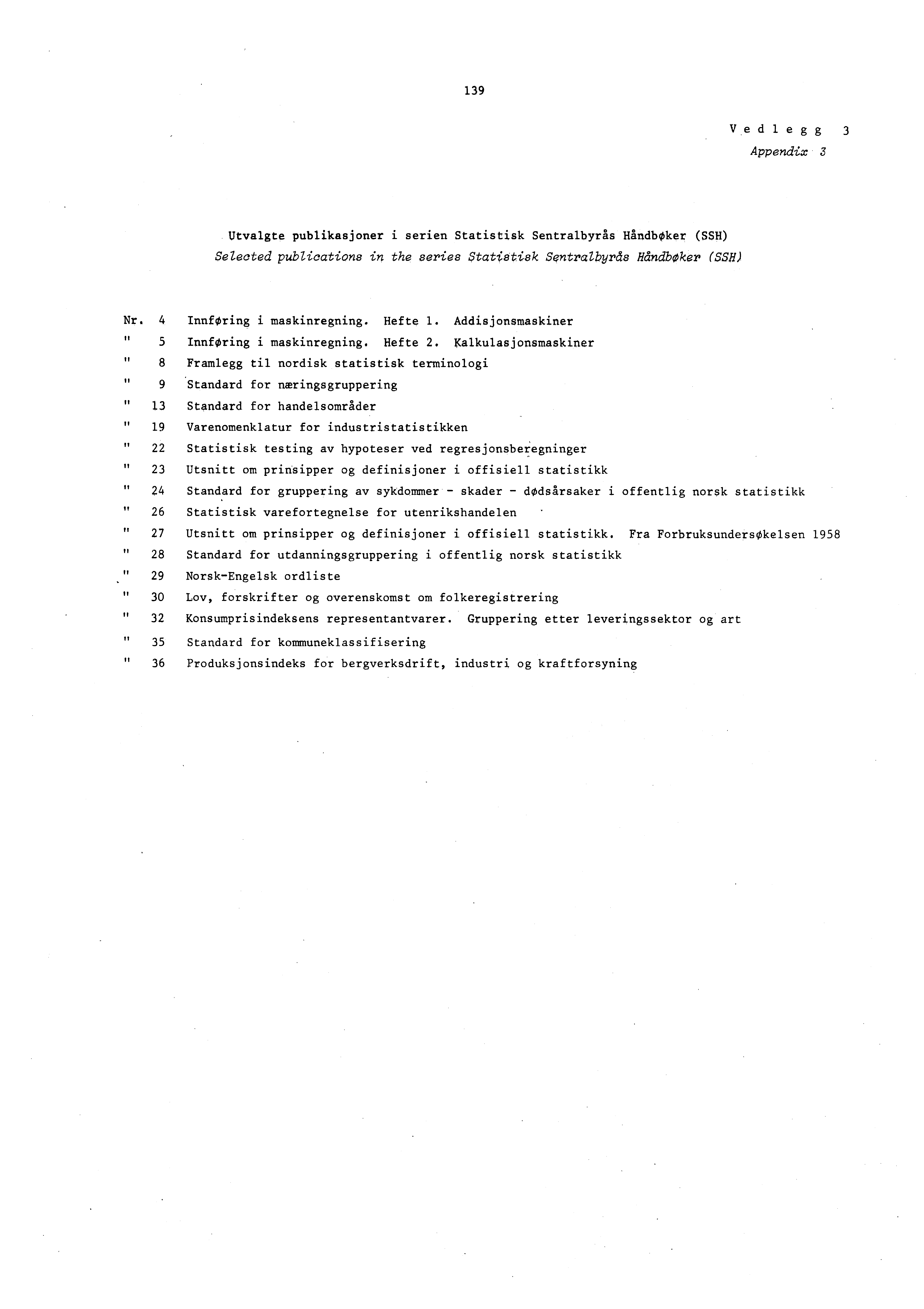 19 Vedlegg Appendix Utvalgte publikasjoner i serien Statistisk Sentralbyrås Håndbøker (SSH) Selected publications in the series $tatistisk Sentralbyrds Råndboker (SSH) Nr. 4 InnfOring i maskinregning.