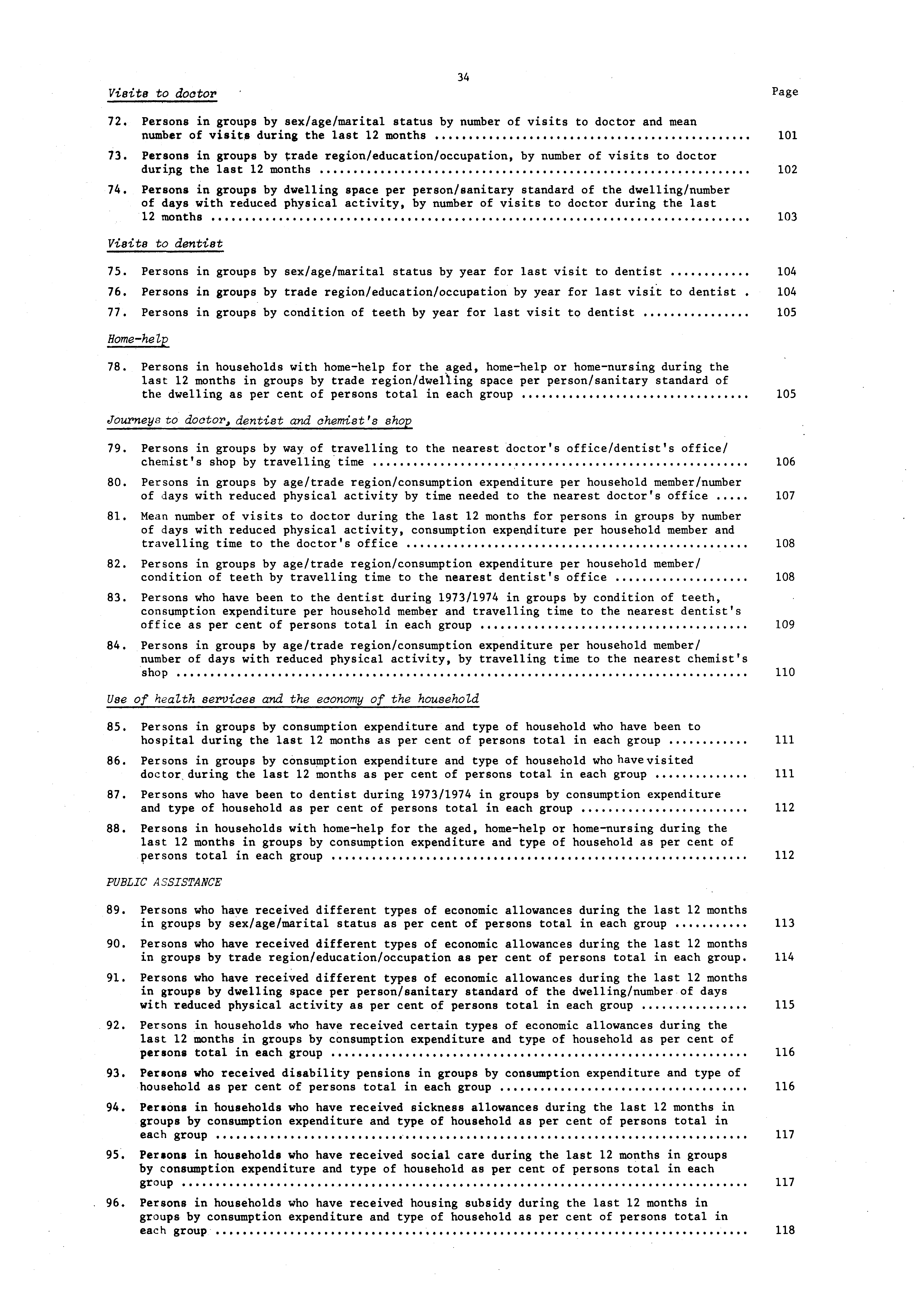 Visits to doctor 4 Page 7. Persons in groups by sex/age/marital status by number of visits to doctor and mean number of visits during the last 1 months 101 7.