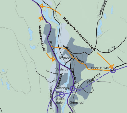 Kobberbergselva på bru før den knytter seg til dagens E134. Det etableres kryssområde i Saggrenda vest som knytter vegen sammen med eksisterende E134 i retning Saggrenda sør.