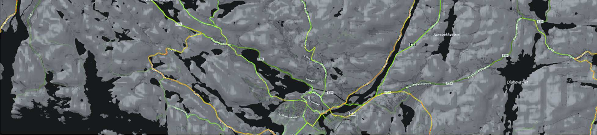 22 Figur 5-1 viser de mest benyttede sykkelveiene i området, fra litt benyttet som lys grønn til rød som viser mest benyttede veier. (Kilde: Strava.