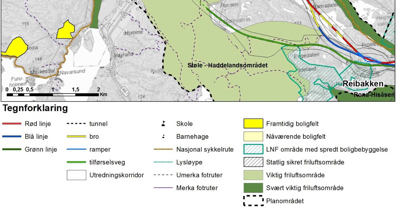 24 Figur 5-3 viser delstrekning 2, Reibakken - Fardal med veialternativene og alle nærmiljø og friluftselementene som er verdivurdert. Temakartet i regionalplanen er her supplert med veilinjer. 5.3.3 Jakt og fiske Vegkorridorene passerer tvers over Mandalselva og Audna.