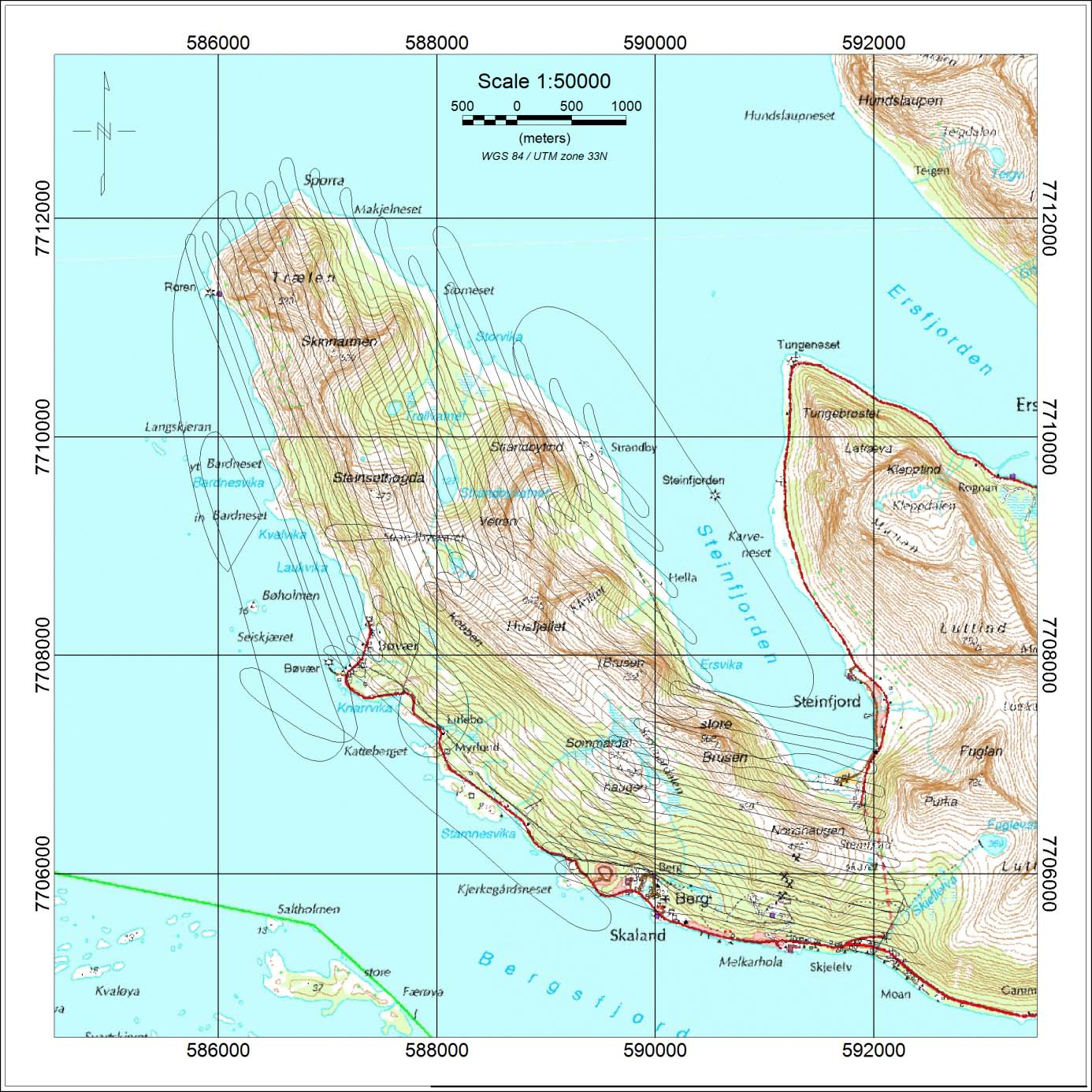 Figur 1: Målte linjer ved undersøkelsene ved Trælen Skaland (Koordinater UTM 33W). Magnetiske data. Prosessering av de magnetiske data følger følgende trinn: 1.