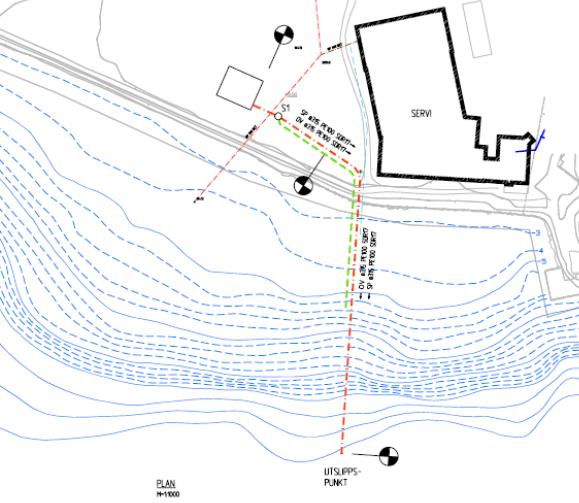 Figur 1: Ledningstrasé for avløpsvann. Utslippspunktet blir omtrent 600 meter unna vanninntaket til Snadder og Snaskum. Utslippdypet blir ca. 40 m.