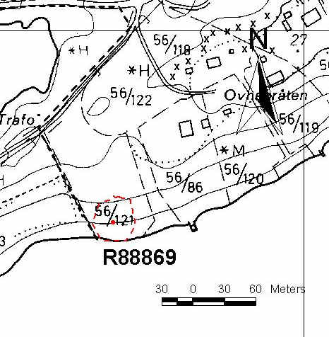 Oversiktskart med R88869 innmålt. R88871. Aktivitetsområde med veifar, 2 steinbrudd og 1 rydningsrøys fra nyere tid funnet på Løknes 56/4 og 56/28.