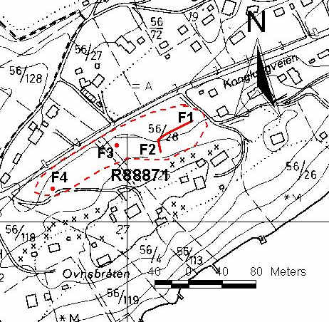 Oversiktskart med R88871 innmålt. F1. Veifar. Veifar oppbygd av grovt opplagt bruddstein, på N-siden av Ø-V orientert høydedrag, ca 35 m S for Konglungeveien.
