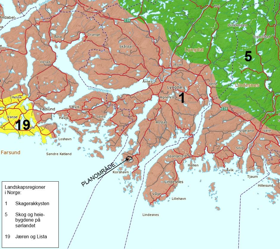 2 Beskrivelse 2.1 Det overordnede landskapet Analyseområdet inngår i landskapsregionen Skagerakkysten. Regionen består av fem underregioner, hvorav planområdet inngår i Lyngdalsfjordane.