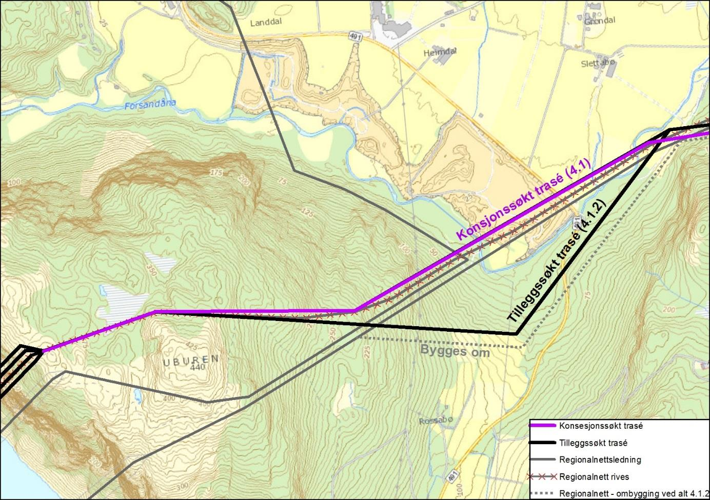 2.5.1.2 Alternativ 4.1.2 Fossanmoen Statnett har vurdert en ny trasé for ny 420 kv ved Fossanmoen i henhold til krav om tilleggsutredning grunnet ressurser i sandtak og konflikt med kulturminnefelt.