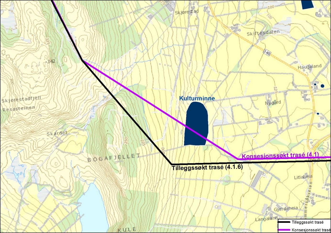 2.5.1.3 Alternativ 4.1.6 Hovland Statnett har vurdert en ny trasé for ny 420 kv ved Hovland for å unngå å krysse et kulturminne.