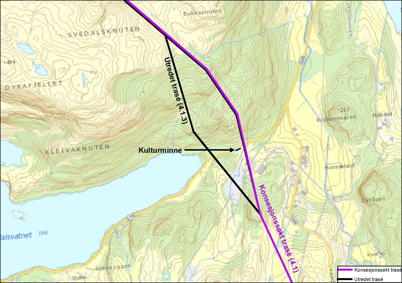 2.6.1.3 Alternativ 4.1.3 Gjestaland Fylkesrådmannen har i høringsinnspill påpekt at konsesjonssøkte trasé ved Gjestaland passerer nært et kulturminne, og foreslår en trasé som passerer noe lenger unna.