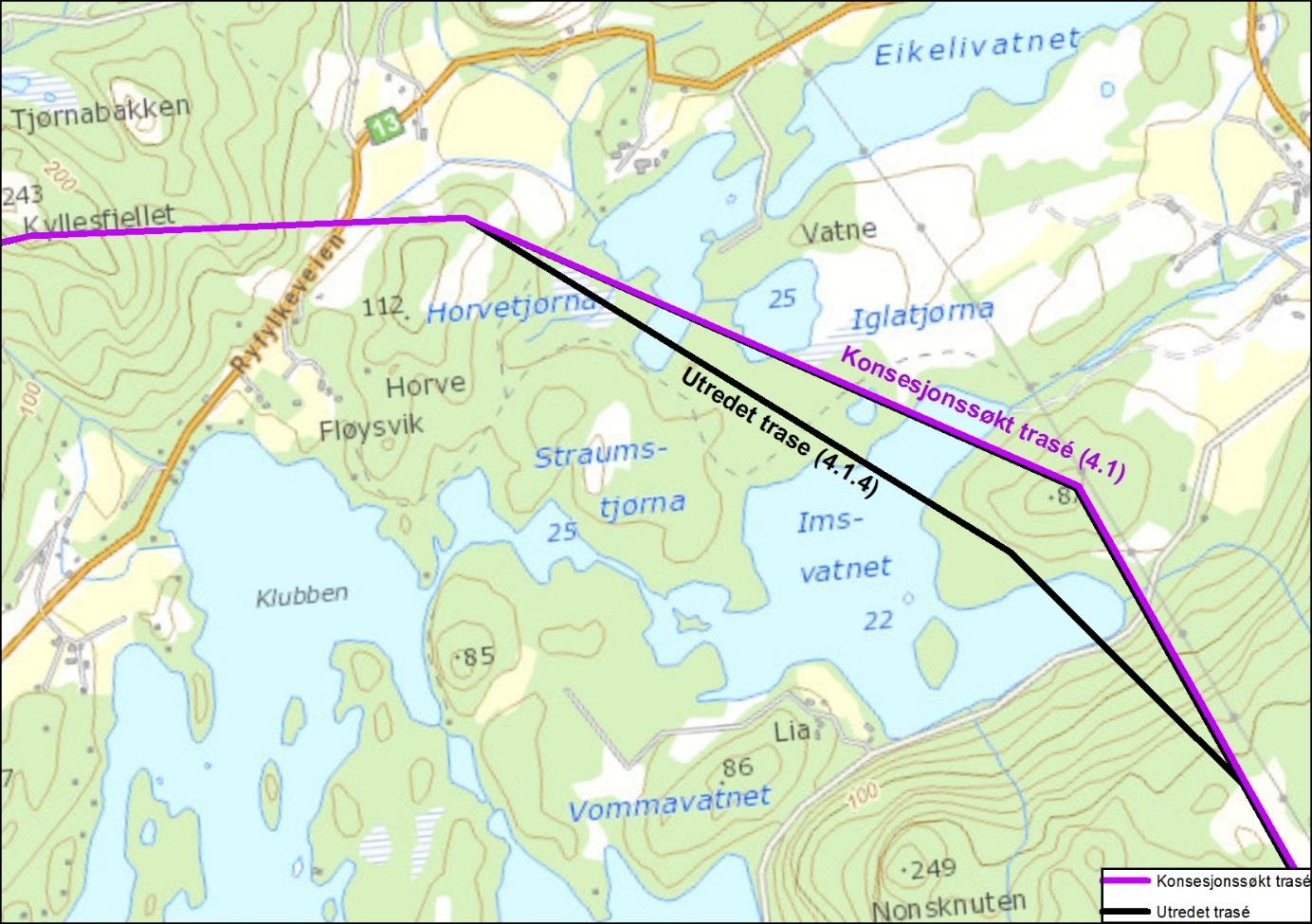 2.6.1.4 Alternativ 4.1.4. Horve Statnett har vurdert en omlegging som vil gi større avstand mellom traséen og Horve ungdomssenter.