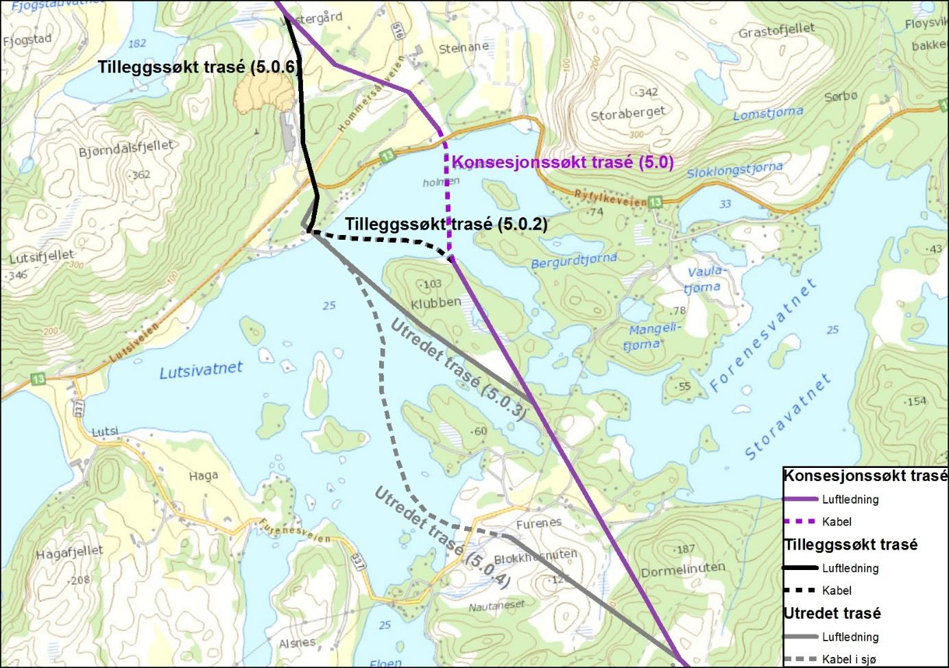 2.6.1.6 Alternativ 5.0.3 Lutsivatnet Statnett har sett på muligheten for å krysse Lutsivatnet med luftspenn. Dette er en teknisk gjennomførbar løsning som er vist som alternativ 5.0.3. For å oppnå avstand fra vannoverflaten til strømførende line på 15 m blir mastehøyden på sørsiden 32 m og ca.