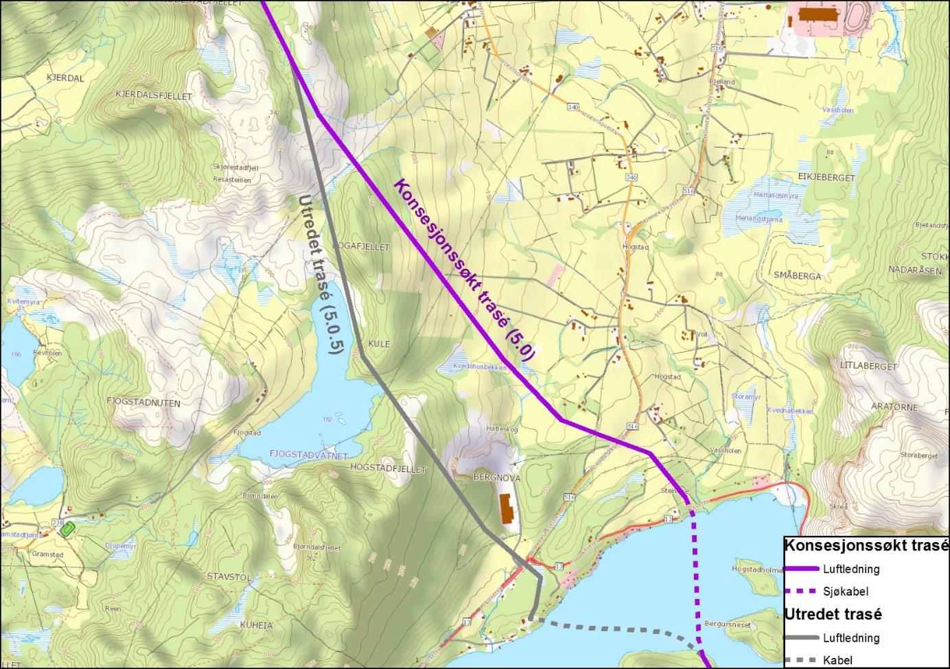 2.6.1.7 Alternativ 5.0.5 Skjørestad Alternativ 5.0.5. ved Skjørestad tar utgangspunkt i endret plassering av muffeanlegg på nordsiden av Lutsivatnet. Videre går alternativ 5.0.5 opp lia og nordøstover til Fjogstadvatnet, og fortsetter nordover på østsiden av vannet, til det går inn på konsesjonssøkt trasé ved Skjørestadfjellet.