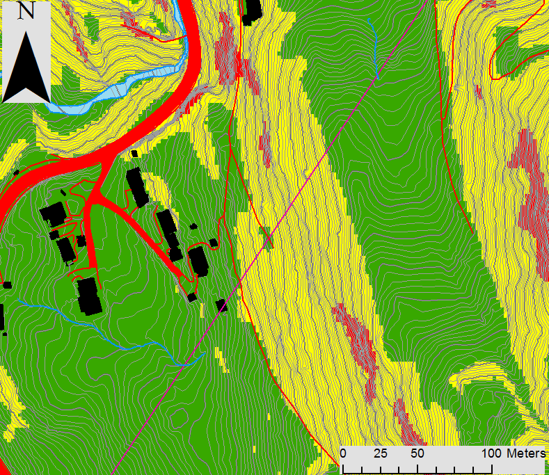 SKREDFAREVURDERING FOR REGULERINGSPLAN FOR BUSTADER PÅ GBNR 52/9, VED VESETGJELET I OSTERØY KOMMUNE. 7 Fig. 3 Bilete som viser dei typiske grunntilhøva i skråninga bak planområdet.