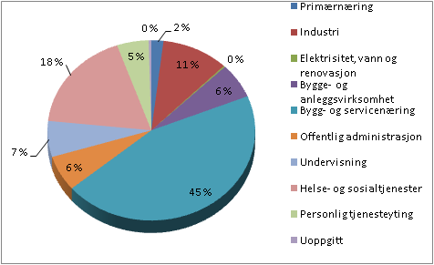 Næringsliv Figur 2.4 Sysselsetting 4. kvartal 2009 I er bygg- og servicenæringen, som inkluderer varehandel og hotell- og restaurantvirksomhet, den største næringen målt etter antall ansatte. Figur 2.4 viser at hele 45 % av arbeidsplassene i kommunen tilhører denne sektoren.