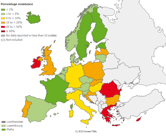 Også forekomsten av VRE er lav i Norge sammenliknet med de fleste andre land. Det er stor variasjon i forekomst i forskjellige europeiske land, som vist i figur 2.