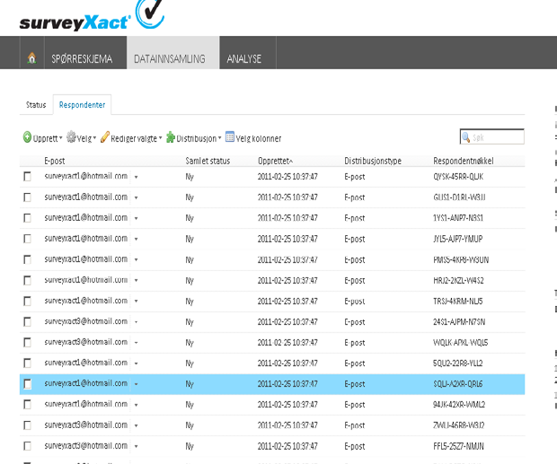 Du har full oversikt over respondentene under «Datainnsamling». Du kan sortere disse ved å trykke på kolonneoverskriften.
