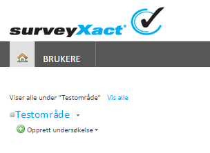 Huset I SurveyXacts hovedpanel Huset og underorganisasjoner., finner du alle dine undersøkelser Ved siden av knappen symbolisert av et hus finner du også Brukere.