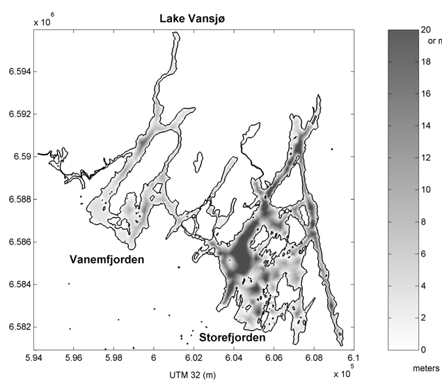 Figur 3. Dybdekart over Vansjø 1.6 Meteorologi og hydrologi i rapporteringsperioden Meteorologiske forhold i rapporteringsperioden fremgår bl.a. av Figur 4 samt kurver fra Rygge gjengitt i Vedlegg 1.