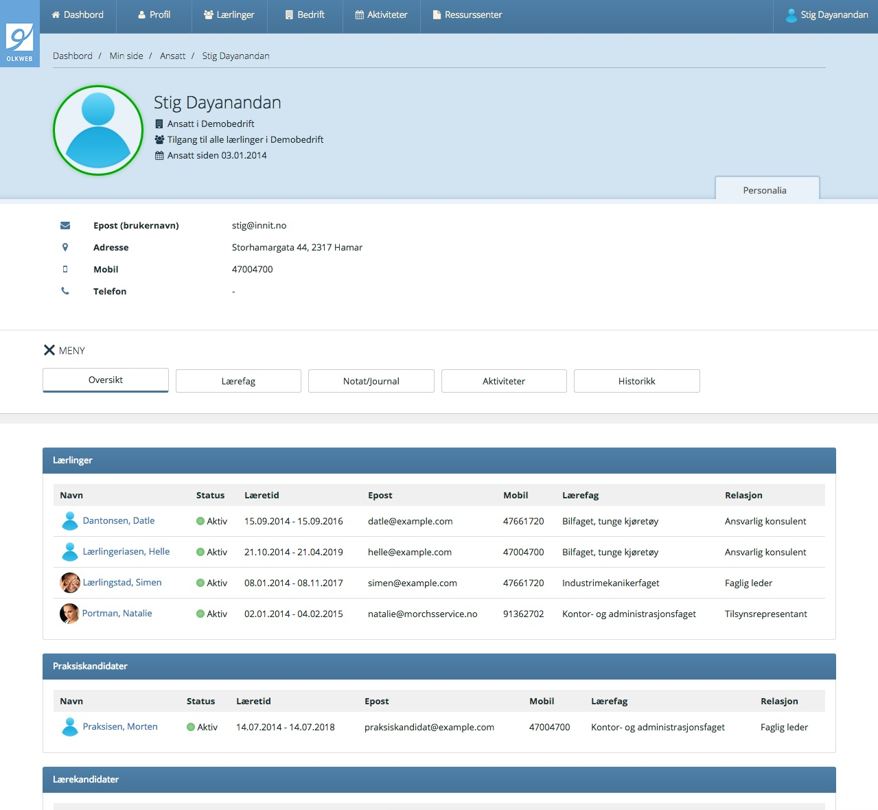 Din profil På din profil finner du oversikt over dine personalia, samt hvilke lærlinger, praktsiskandidater og lærekandidater du