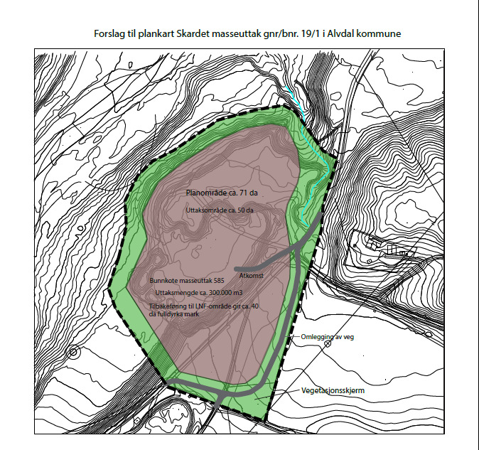 Området som foreslås regulert er totalt ca. 70 daa og går ut over området avsatt til eksisterende grusuttak i kommuneplanen som er på ca. 18 daa.