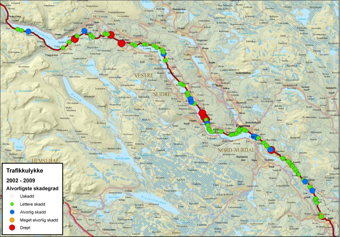 Strekning Lengde ÅDT (kjøretøy/døgn, gjennomsnitt på strekningen) Antall ulykker Drepte Hardt skadde Registrert skadekostnad (mill.