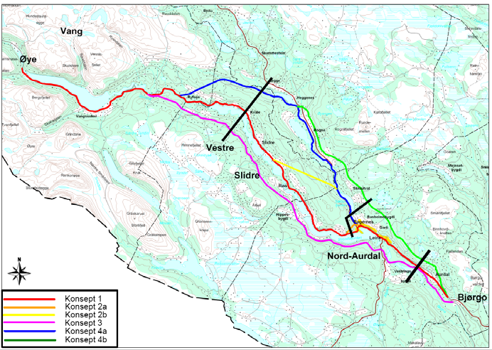 Lokalisering av snitt (figur 14): Nord for Aurdal E16 og fv 51 vest for Fagernes Ved Slidre. Figur 14: Kart med utvalgte snitt for analyse av trafikkmengder fra RTM.