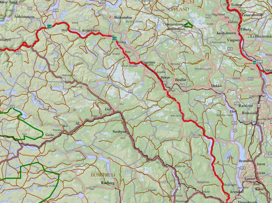 2 Situasjon 2.1 Geografi Avgrensing av området Den aktuelle strekningen ligger i Valdres i Oppland fylke og går fra krysset med fv. 33 i Nord-Aurdal kommune til Øye i Vang kommune.