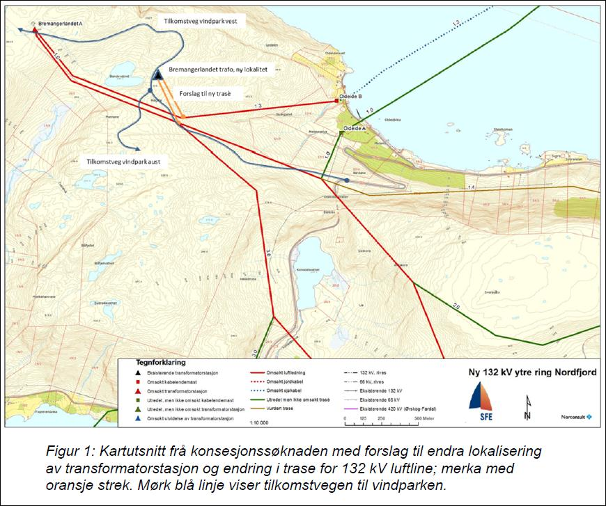 Side 7 Figur 1: Forslag til ny plassering av Bremangerlandet transformatorstasjon. Innsendt med Bremangerlandet Vindpark AS uttalelse av 25. februar 2013. Zephyr AS har i brev av 29.