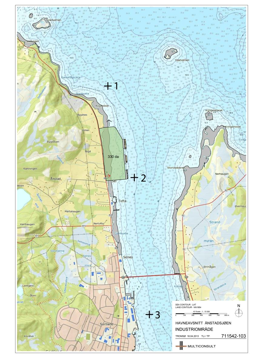 Figur 2. Mulig plassering av industrihavn. Tre referansepunkt for bølgeberegninger ar anvist. 1.2 Begrep og definisjoner Hs Signifikant bølgehøyde.