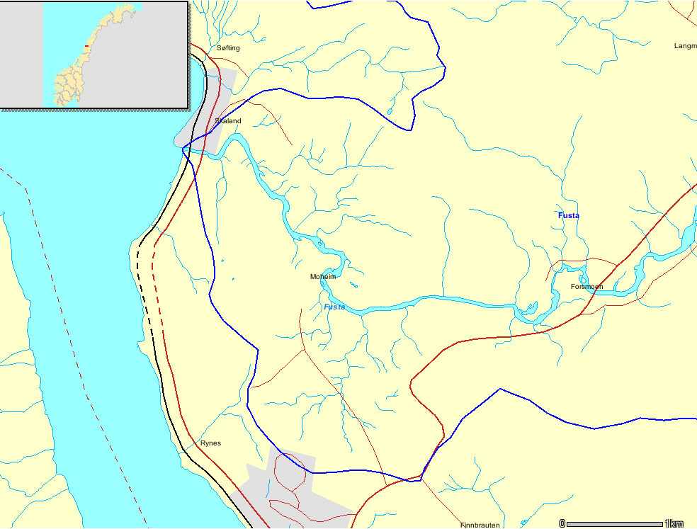 PLANBESKRIVELSE MED KONSEKVENSUTREDNING 35 (59) Figur 20 Avgrensning av nedbørfeltet til det vernede vassdraget Fusta nord for Mosjøen, slik dette kommer fram av kartet på NVE sine hjemmesider