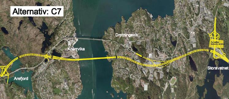 Figur 6. Trase for nytt Sotrasamband vedtatt i kommunedelplan. Alternativet forutsetter kollektivfelt på ny Sotrabro, men disse må oppheves ved påkobling av ramper fra Drotningsvik mot Storavatnet.
