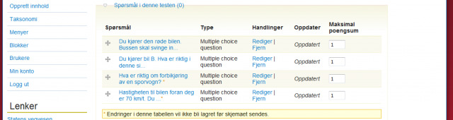 Page 16 of 27 Fra denne siden kan man opprette nye flervalgsspørsmål, og man kan velge hvilke spørsmål som skal knyttes til en test.