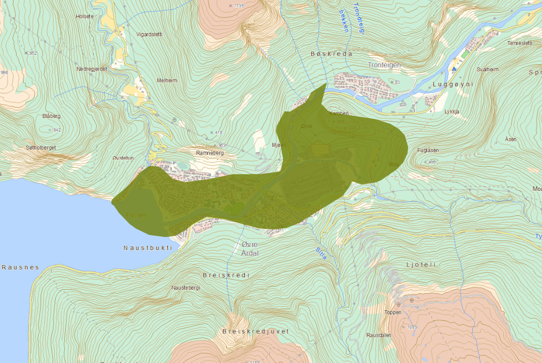 Figur 4 Grunvassførekomst i Øvre Årdal, Fardal, med risiko for å ikkje oppnå god tilstand utan tiltak (Vann-Nett 30.