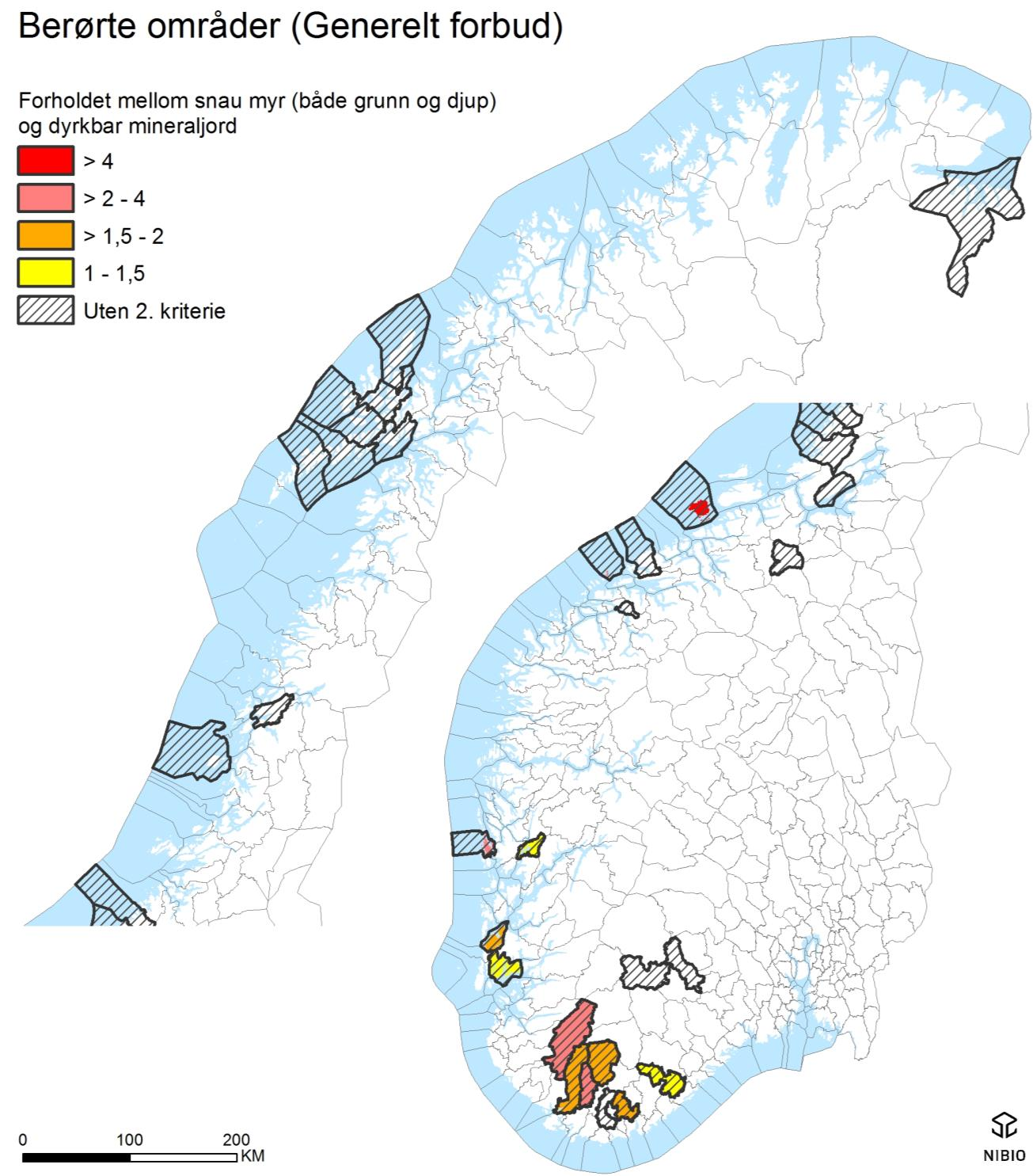 Figur 4. Geografisk oversikt over de kommuner som anses som berørt av restriksjoner mot et generelt forbud av nydyrking av myr.