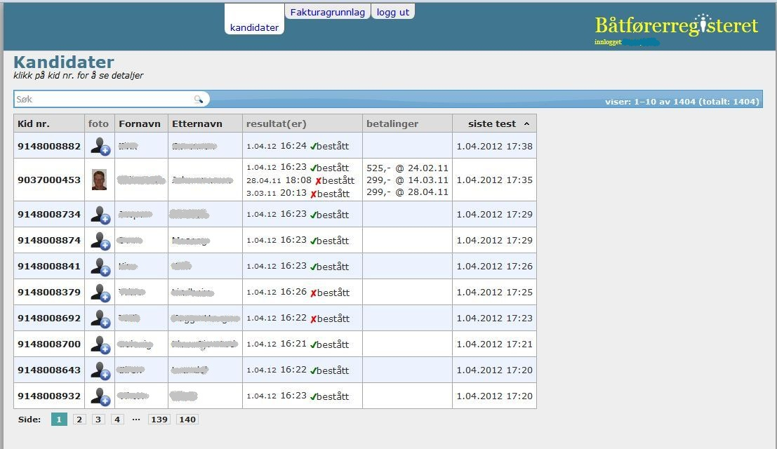 For opplasting av bilder og annen informasjon navigerer dere ved å trykke på kandidatens KID. Etter at bilder er lastet opp og innbetaling er registrert, vil Båtførerbevis automatisk gå i produksjon.