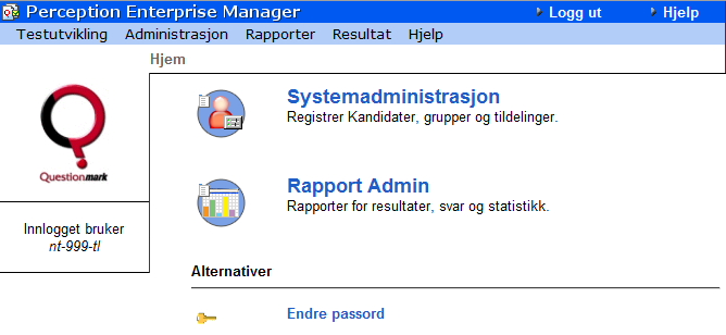 Etter godkjent pålogging vil du få opp følgende skjermbilde: 2.3 Legge inn kandidat Velg menyvalget Administrasjon/Kandidater.